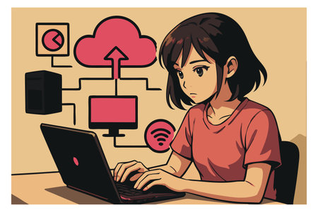 Illustration of a Teenage Girl Working on her Laptop with a Cloud Computing Conceptのイラスト素材