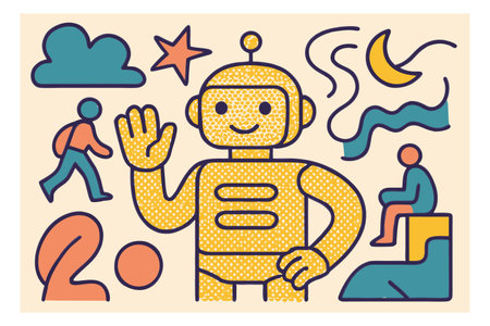 Vector illustration of cute cartoon robot character with speech bubbles, social media icons.のイラスト素材