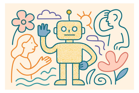Flat line art vector illustration of a robot talking to a woman.のイラスト素材