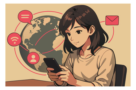 Woman using mobile phone with world map on the background. Vector illustration.のイラスト素材