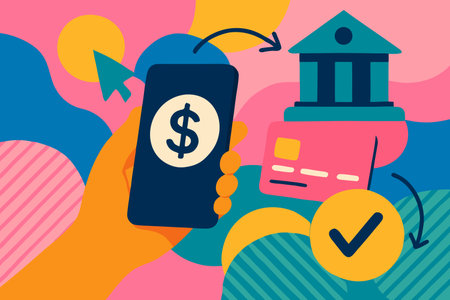 Vector illustration in flat style. Hand holding phone with bank credit card and dollar symbol.のイラスト素材