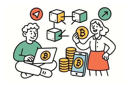 Flat design modern vector illustration concept of online shopping and e-commerce. Two people, man and woman sitting on the floor with a laptop, a smartphone and a bitcoin symbol.のイラスト素材