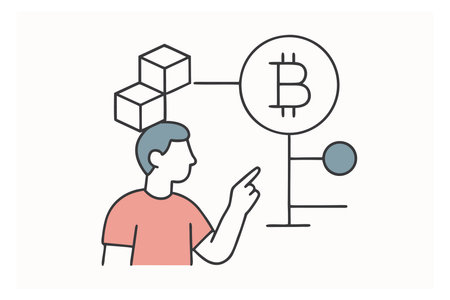 Cryptocurrency mining concept. Man points to bitcoin icon. Crypto currency mining. Vector illustrationのイラスト素材