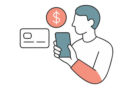 Man with smartphone and credit card. Vector illustration in thin line style.のイラスト素材