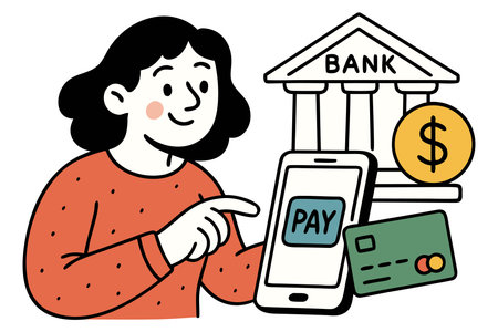 illustration of a woman with a mobile phone and a bank cardのイラスト素材