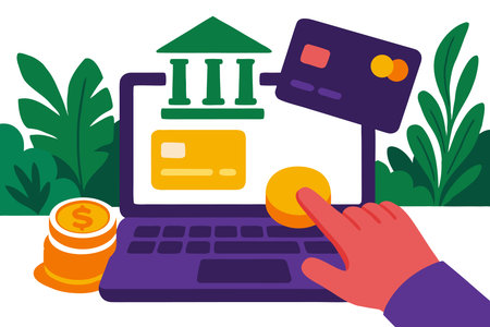 Illustration of a hand holding a credit card and a laptop with a bank on the screenのイラスト素材