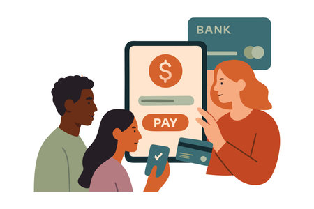 Online banking concept. People using smartphone and credit card. Vector illustration in flat styleのイラスト素材
