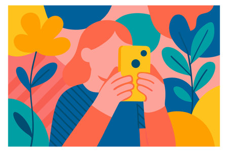 Young woman using mobile phone in the park. Flat vector illustration.のイラスト素材