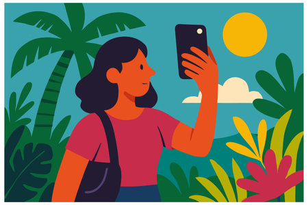 Woman taking a selfie on a smartphone in the park. Vector illustrationのイラスト素材