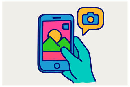 Hand holding a smartphone with a photo on the screen. Vector illustration.
