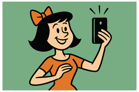 cartoon girl taking a selfie with a mobile phone in her handのイラスト素材