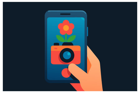 Smartphone with flower and camera. Flat design. Vector illustration.