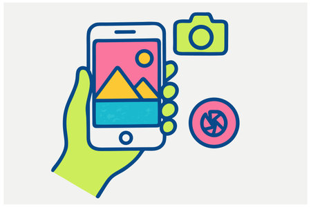 Hand holding mobile phone with photo icon. Vector illustration in flat style