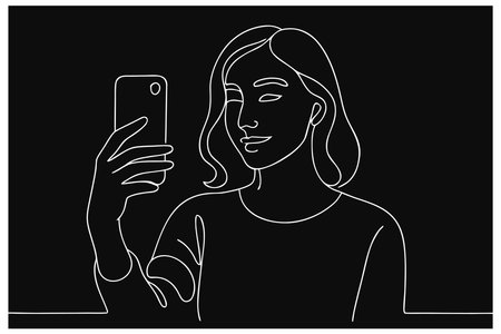 Woman taking selfie with smartphone. Vector illustration isolated on black background.のイラスト素材