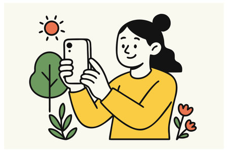 Vector illustration of a young woman taking a selfie with a smartphone.のイラスト素材