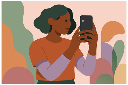 Illustration of a black woman taking a selfie with her mobile phoneのイラスト素材