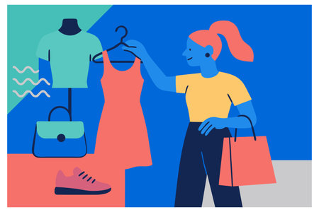Vector illustration of a woman shopping in a clothing store. Shopping conceptのイラスト素材