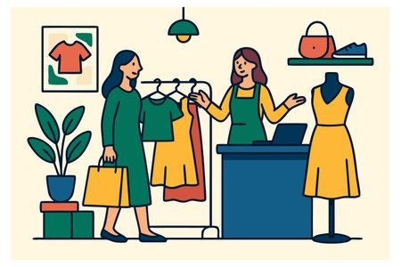 Clothing store. Woman choosing clothes. Vector illustration in flat styleのイラスト素材