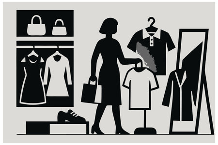 Vector illustration of a woman shopping in the mall. Black and whiteのイラスト素材