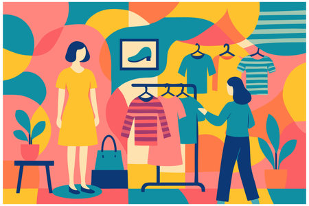 Women choose clothes in the shop. Vector illustration in flat style.のイラスト素材
