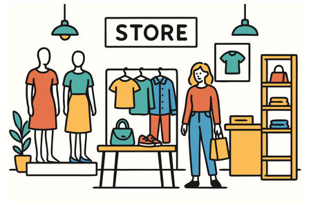 Vector illustration of a woman shopping in a clothing store. Linear style.のイラスト素材