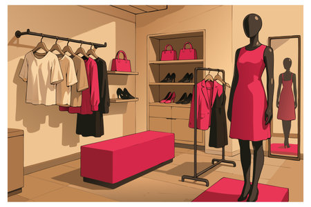 Women's clothing store interior. Vector illustration of shop interior with mannequin.のイラスト素材