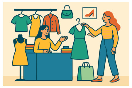 Clothing store vector illustration. Shopping and fashion concept. Woman choosing clothes.のイラスト素材