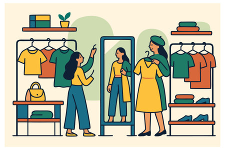 Vector illustration of a woman choosing clothes in the store. Shopping conceptのイラスト素材