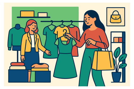 Women shopping in clothing store. Flat style vector illustration. Woman choosing clothes.のイラスト素材
