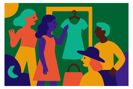 Illustration of a group of people shopping in the mall. Vector illustrationのイラスト素材