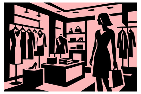 Illustration of a Woman Shopping in a Fashion Clothing Store in Pinkのイラスト素材