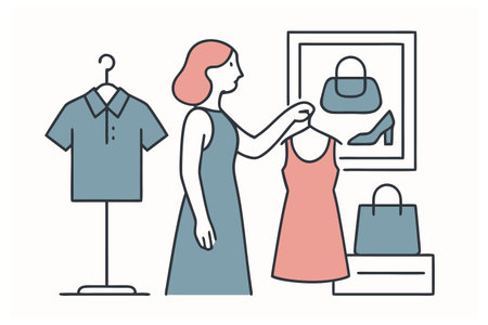 Vector illustration of a woman choosing a dress in a clothing store.のイラスト素材