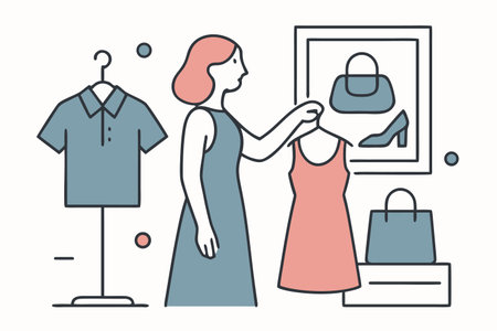 Vector illustration of woman shopping in clothing store. Flat style design.のイラスト素材