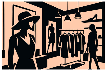 Silhouette of a woman in a shop. Vector illustration.のイラスト素材