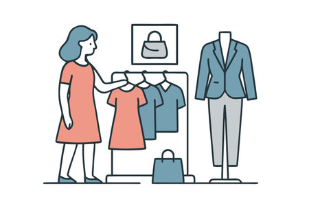 Vector illustration of a woman shopping in a clothing store. Shopping concept.のイラスト素材