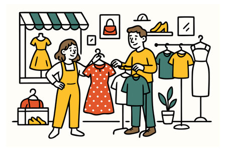 Man and woman choose clothes in the store. Linear vector illustration.のイラスト素材