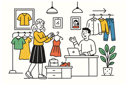Clothing store concept. Man and woman choosing clothes. Vector illustrationのイラスト素材