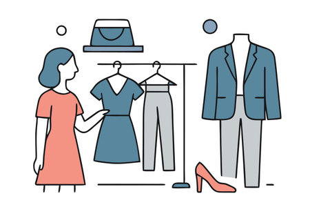 Clothing shop vector line icon set. Illustration of woman choosing clothes in shop.のイラスト素材