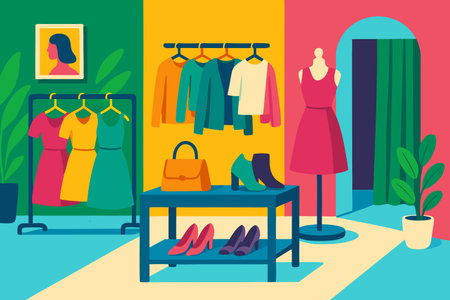 Women's clothing store interior. Clothes shop. Flat vector illustrationのイラスト素材