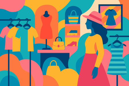 Woman choosing clothes in the store. Vector illustration in flat style.のイラスト素材