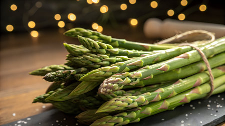 Bunch of fresh green asparagus on wooden table with blurred lights on backgroundの素材
