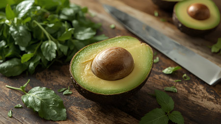 Avocado with basil leaves and knife on wooden table, closeupの素材