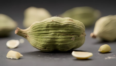 Green cardamom pods on a black background, close-upの素材