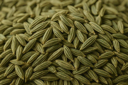 Pile of fennel seeds background. Close up. Selective focusの素材