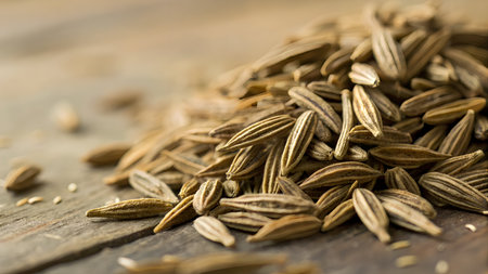 Cumin seeds on wooden background. Close up. Selective focus.の素材
