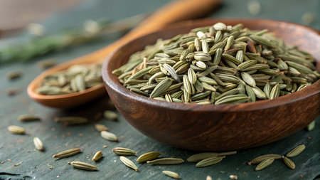 Dry fennel seeds in wooden bowl on rustic backgroundの素材