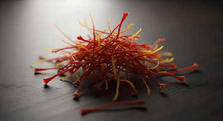 Macro shot of a pile of saffron threads on a black backgroundの素材
