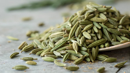 Pile of fennel seeds on wooden spoon over grey backgroundの素材
