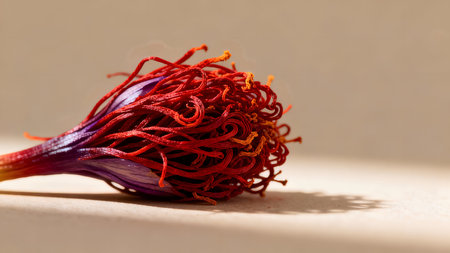 Macro of a crocus flower with red stamens.の素材