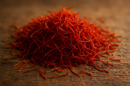 Heap of saffron threads on wooden background, close upの素材